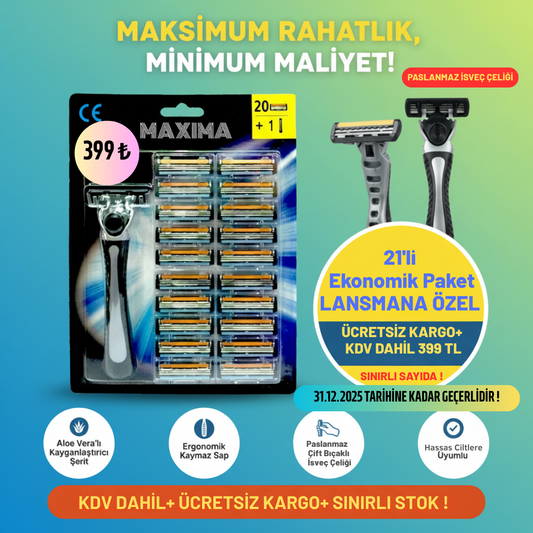 MAXIMA™ 21’li Ekonomik Tıraş Bıçağı Seti- LANSMANA ÖZEL 31.12.2025 TARİHİNE KADAR KARGO + KDV DAHİL 399 TL- STOKLARLA SINIRLIDIR!